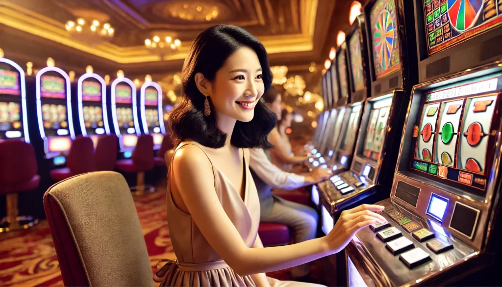 a girl play slot game